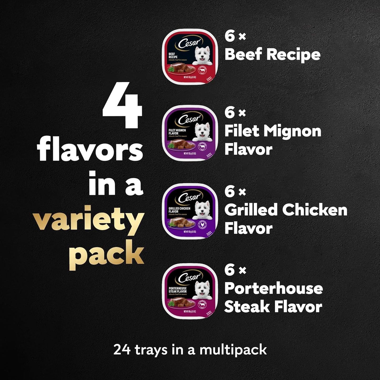 Wet Dog Food Classic Loaf in Sauce Beef Recipe, Filet Mignon, Grilled Chicken and Porterhouse Steak Variety Pack, 3.5 Oz. Easy Peel Trays (24 Count, Pack of 1)