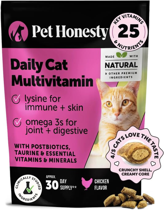 Cat Multivitamin Crunchy & Creamy Chews - Cat Treats for Health + Immune, Joint Support, Skin & Coat, & Digestion - Vitamins with Omega 3S, Lysine & Probiotics (30 Day Supply)